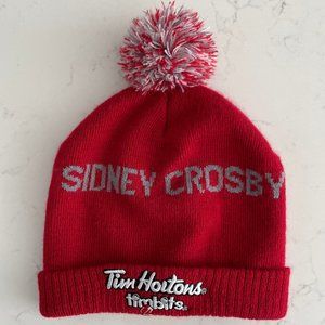 Tim Hortons Sidney Crosby Knit 100% Acrylic Toque w Pom Pom Red Grey White Sz OS